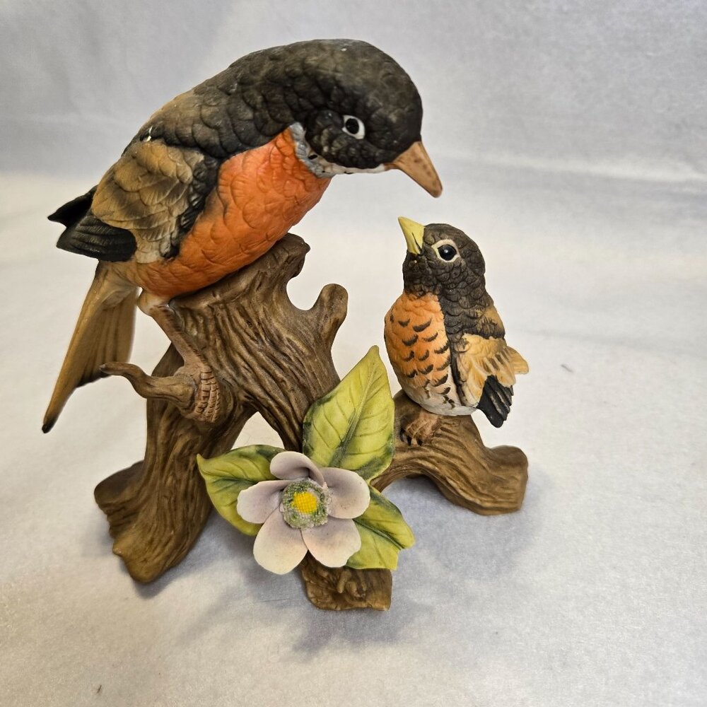 Vintage Robin Bird & Baby On Stump Lefton China Limited Ed. Ceramic Nature Decor
